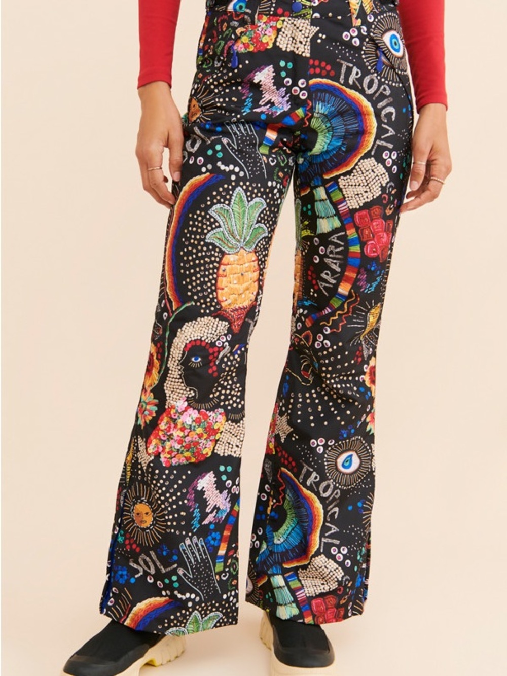 FARM Rio Black Multicolor Tropical Print Wide-Leg Pants SKI PANTS